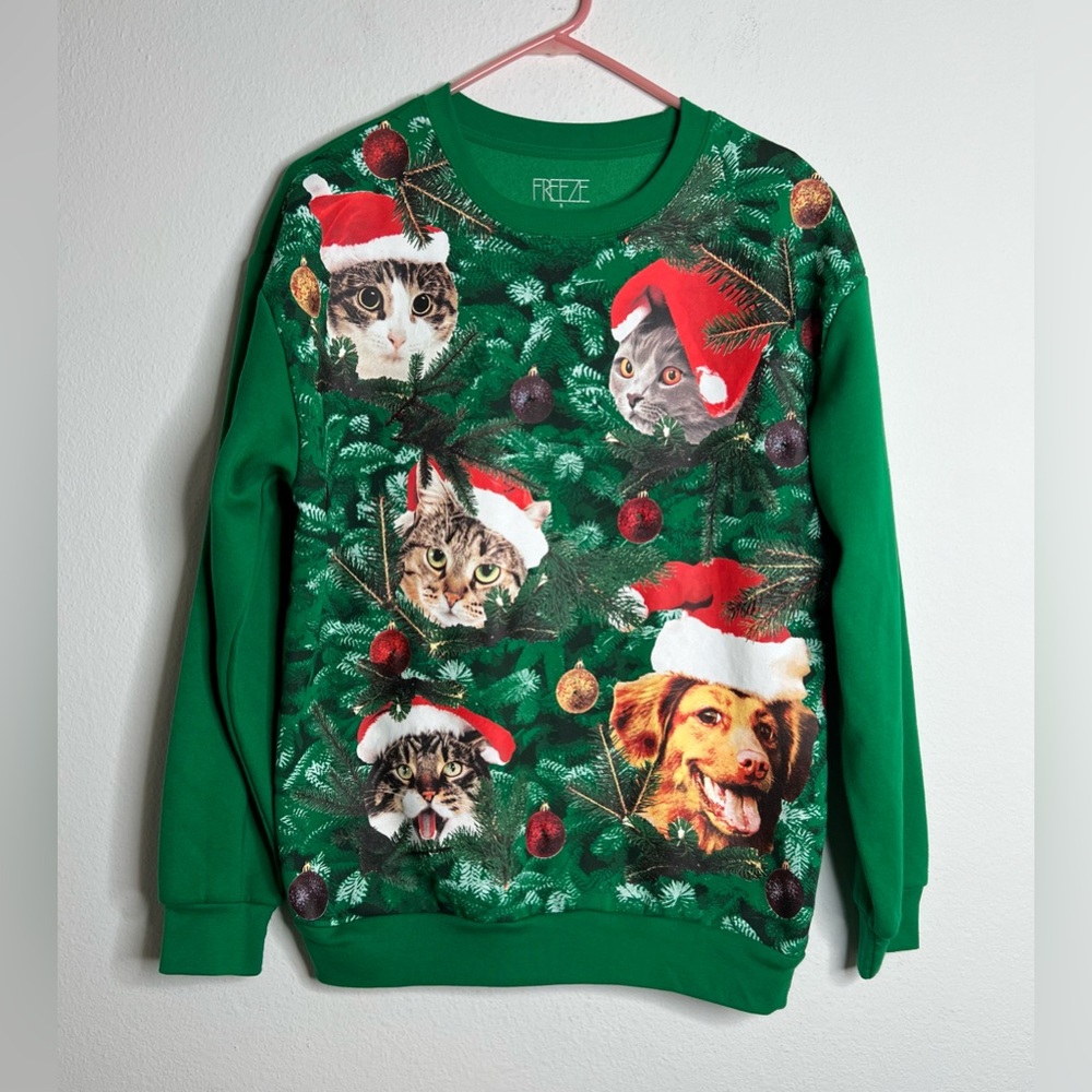 FREEZE Ugly Sweater Christmas Cat and Dogs Green No Lights Unixex Size Small